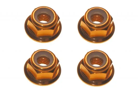 M5 Stoppmutter aus Aluminium mit Flansch in orange eloxiert je 2xCW und 2xCCW