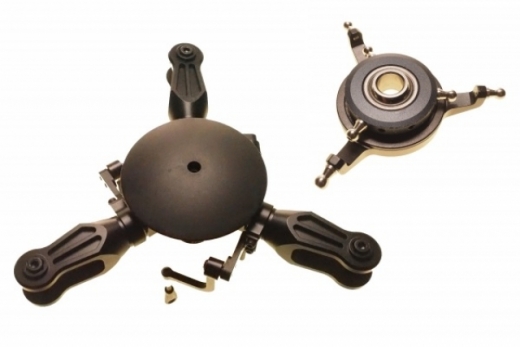 3Blatt Rotorkopf aus Aluminium in schwarz mit Taumelscheibe für 700er Helis