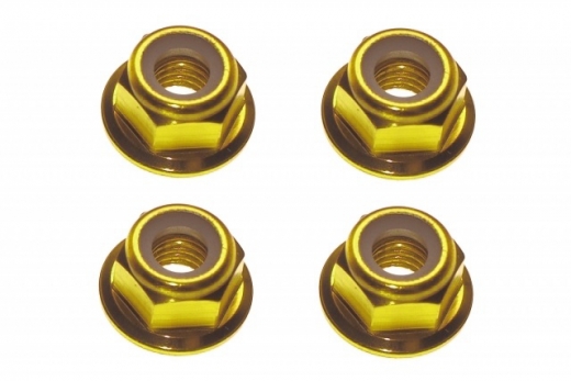 M5 Stoppmutter aus Aluminium mit Flansch in gelb eloxiert je 2xCW und 2xCCW