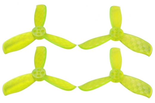Rakonheli Propellerset 3Blatt 2025 in transparentem gelb und carbon Optik 1,5mm Welle 2xCW und 2xCCW für Blade Torrent 110 FPV