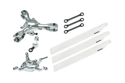Microheli Tuning 3Blatt Hauptrotorkopf Set in silber mit Hauptrotorblättern in weiß für Blade 230S und 230S V2