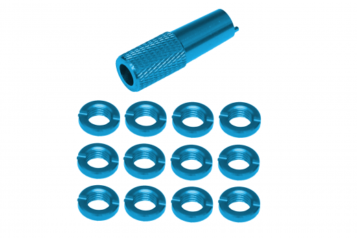 Schaltermuttern Set aus Aluminium mit Werkzeug in hell blau