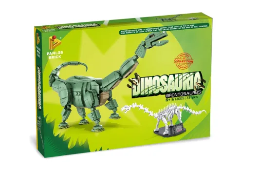Panlos Klemmbausteine Dinosaurier Set Brontosaurier mit Skelett auf Ständer - 731 Teile