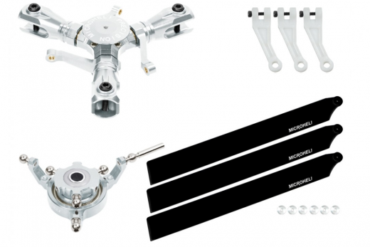 Microheli Tuning 3Blatt Hauptrotorkopf Set in silber mit Hauptrotorblättern aus Nylon Carbon Faser für OMPHobby M2 V2 und EXP