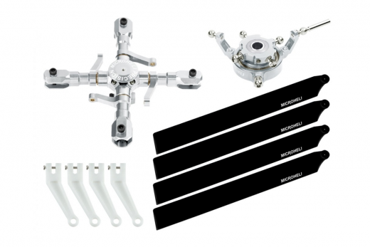 Microheli Tuning 4Blatt Hauptrotorkopf Set in Silber mit Hauptrotorblättern aus Kunststoff in für OMPHobby M2 EVO