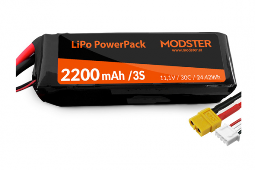 MODSTER LiPo Akku 3S 11,1V 2200mAh 30C (XT60) für MODSTER Vector SR65 Brushless Rennboot, ASW 28 V2 2600mm und Trip 1800mm, Phoenix V2 2000mm Segelflugmodell