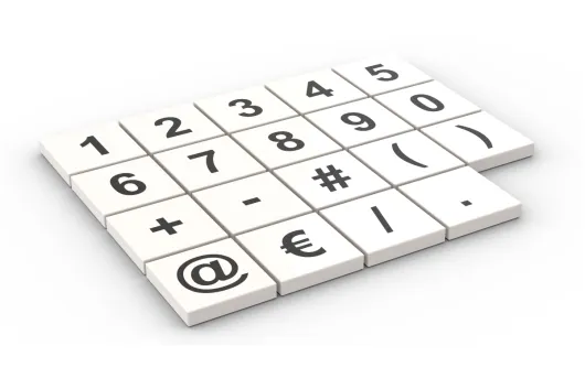 Klemmbausteine Fliesen 2x2 in weiß mit Druck mit Nummern und Sonderzeichen Set 53Stück