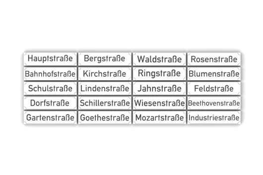 Klemmbausteine Straßennamenfliesen 1x4 mit Druck "häufigsten deutschsprachigen Straßennamen" klassisch weiß 20Stück