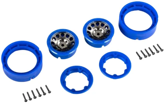Traxxas Tuning Method 1,0 Felgen in satin-schwarz chrom auf Beadlock in blau 2Stück für TRX-4M 1/18