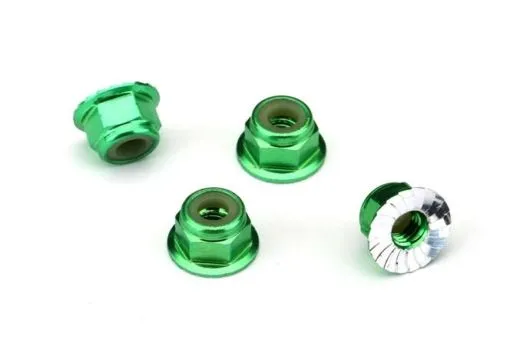 Traxxas Tuning M4 Stoppmuttern 4mm aus Aluminium mit gezahnten Flansch in grün 4Stück
