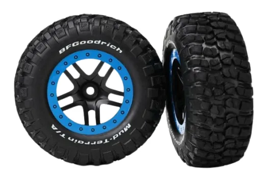 Traxxas Tuning BFGoodrich TA KM2 Reifen auf Felgen in schwarz blau 2Stück vorne für Slash und Ford F-150 Raptor Fox 1/10