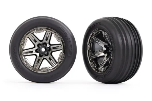 Traxxas Tuning Rillen Reifen auf RXT 2,8 Felgen in schwarz chrom 2Stück vorne für Rustler 1/10