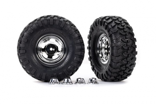 Traxxas Tuning Canyon Trail 5,3x2,2 Reifen auf Felgen in chrom 2Stück mit Radkappen (für TRX8255A Radachse) für TRX-4 HighTrail 1/10