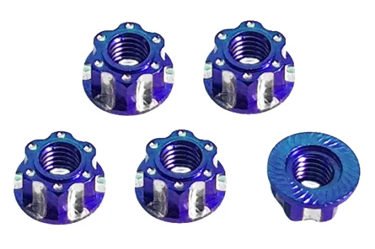 M4 Radmuttern serrated (gezähnt) Stoppmutter aus Aluminium mit Flansch in blau eloxiert CW 5Stück