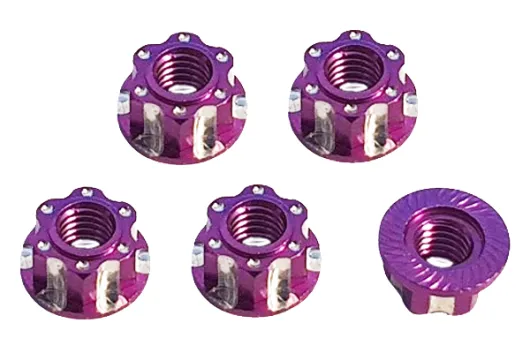 M4 Radmuttern serrated (gezähnt) Stoppmutter aus Aluminium mit Flansch in violett eloxiert CW 5Stück