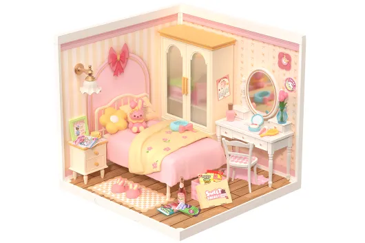 Lasercut Kunststoff Bausatz Standmodell DIY Miniature Haus Super Creator Serie Liebliches Rosa Schlafzimmer - 105 Teile