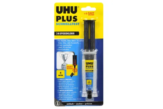 UHU plus Schnellfest Zweikomponentenkleber in einer Doppelkammerspritze mit statischem Mischer 14ml / 15,5g