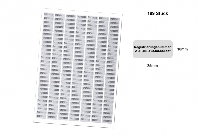 Ihre persönliche Registrierungsnummer / Kennzeichnungspflicht / 189 wetterfeste Etiketten 25x10mm