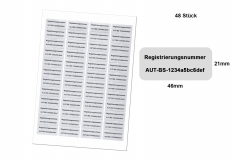 Ihre persönliche Registrierungsnummer / Kennzeichnungspflicht / 48 wetterfeste Etiketten 46x21mm