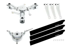 Microheli Tuning 3Blatt Hauptrotorkopf Set in silber mit Hauptrotorblättern aus Kunststoff Schwarz für OMPHobby M2 EVO