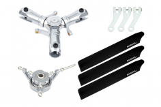 Microheli Tuning 3Blatt Hauptrotorkopf Set in silber mit Hauptrotorblättern in Schwarz für OMPHobby M1 und M1 EVO